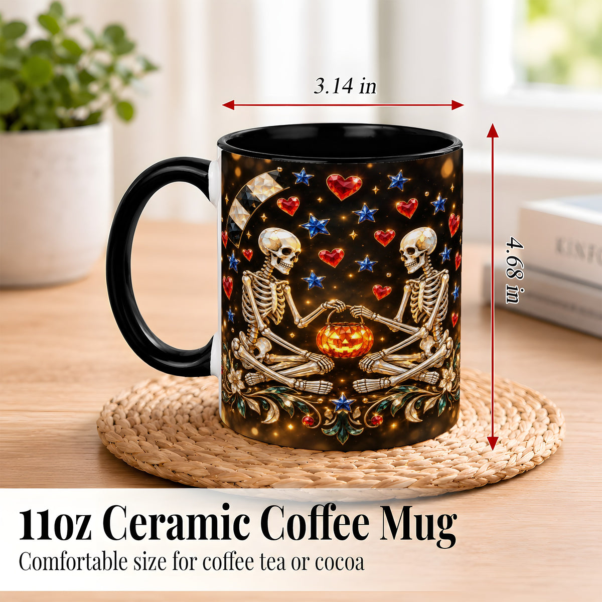#pl[11oz|Black] Skeleton Couple Coffee Mug, Pumpkin Hearts Mug, Ceramic Cup