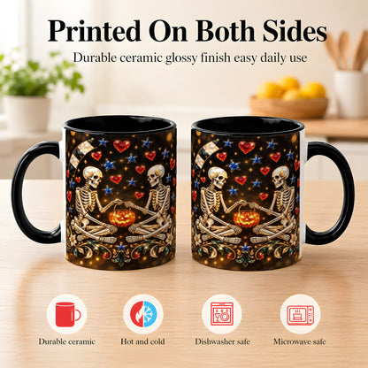 #pl[11oz|Black] Skeleton Couple Coffee Mug, Pumpkin Hearts Mug, Ceramic Cup