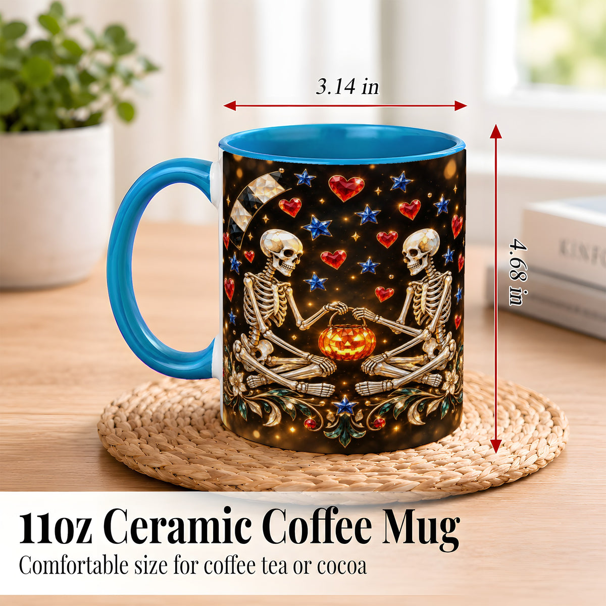 #pl[11oz|Blue] Skeleton Couple Coffee Mug, Pumpkin Hearts Mug, Ceramic Cup