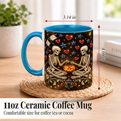 #pl[11oz|Blue] Skeleton Couple Coffee Mug, Pumpkin Hearts Mug, Ceramic Cup