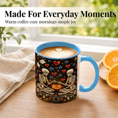 #pl[11oz|Blue] Skeleton Couple Coffee Mug, Pumpkin Hearts Mug, Ceramic Cup
