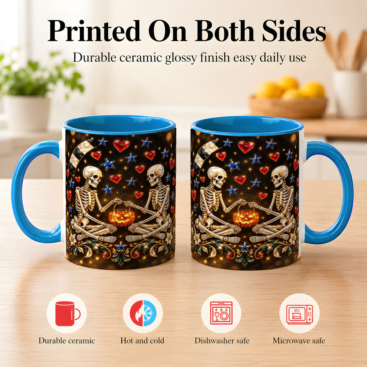 #pl[11oz|Blue] Skeleton Couple Coffee Mug, Pumpkin Hearts Mug, Ceramic Cup