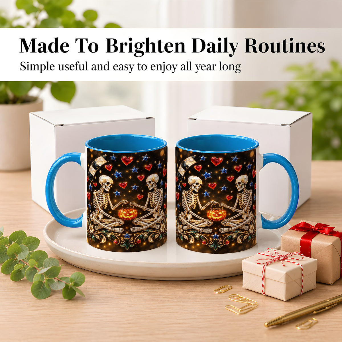 #pl[11oz|Blue] Skeleton Couple Coffee Mug, Pumpkin Hearts Mug, Ceramic Cup