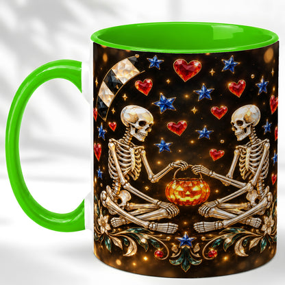 #pl[11oz|Green] Skeleton Couple Coffee Mug, Pumpkin Hearts Mug, Ceramic Cup