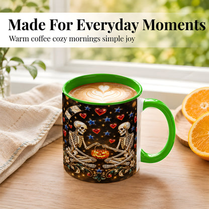 #pl[11oz|Green] Skeleton Couple Coffee Mug, Pumpkin Hearts Mug, Ceramic Cup