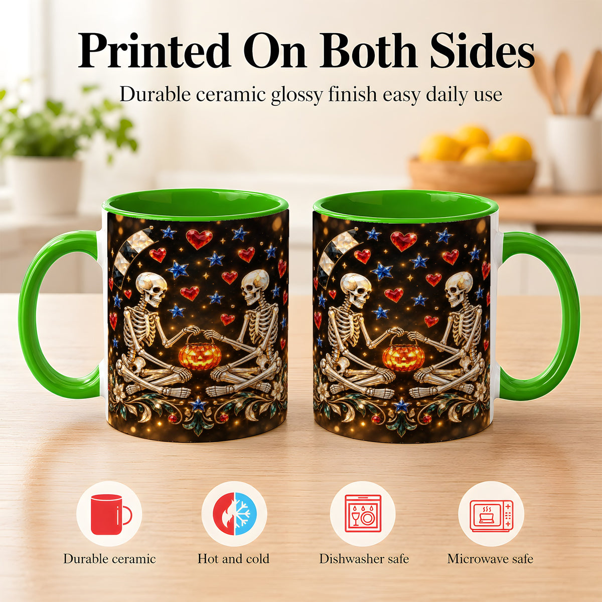 #pl[11oz|Green] Skeleton Couple Coffee Mug, Pumpkin Hearts Mug, Ceramic Cup