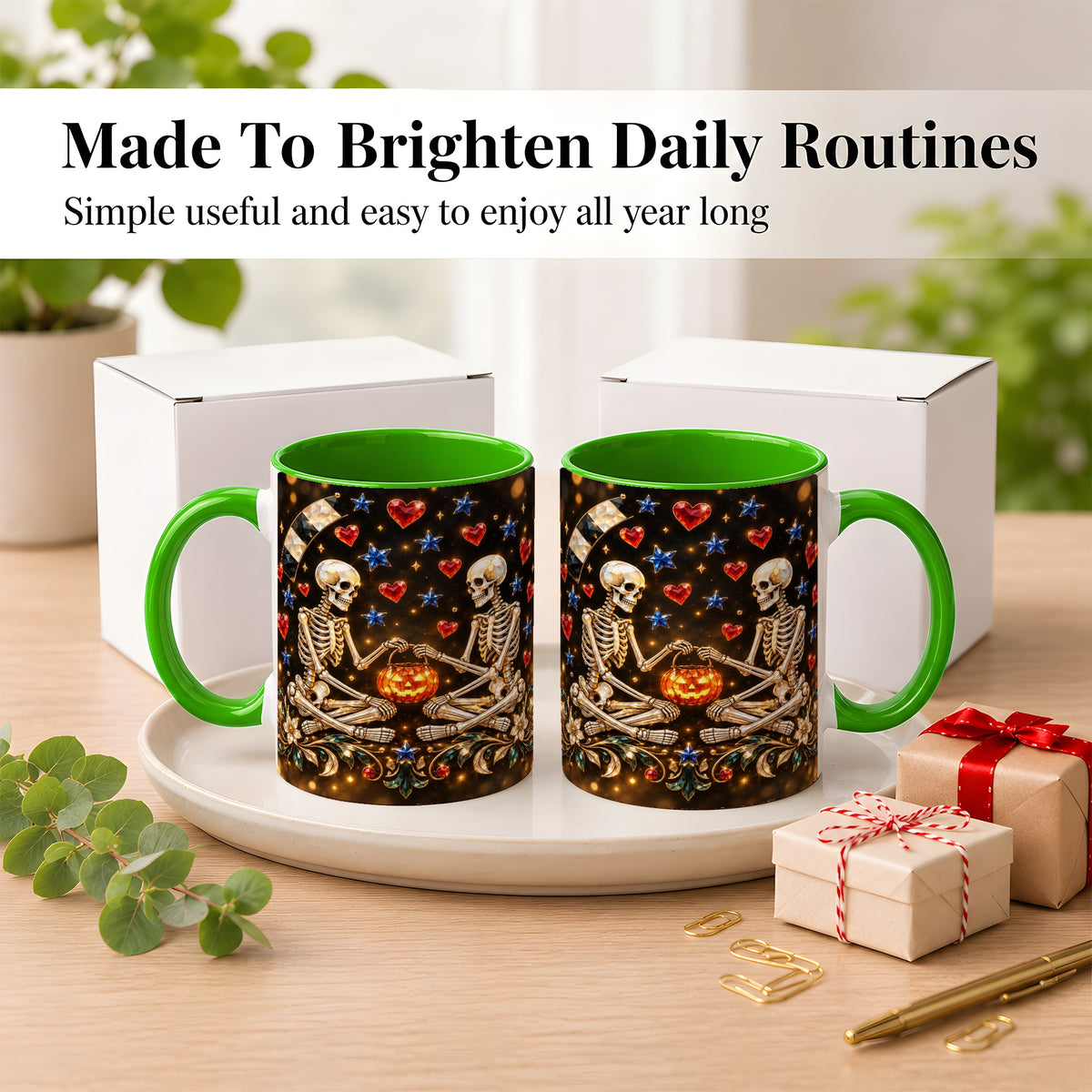 #pl[11oz|Green] Skeleton Couple Coffee Mug, Pumpkin Hearts Mug, Ceramic Cup