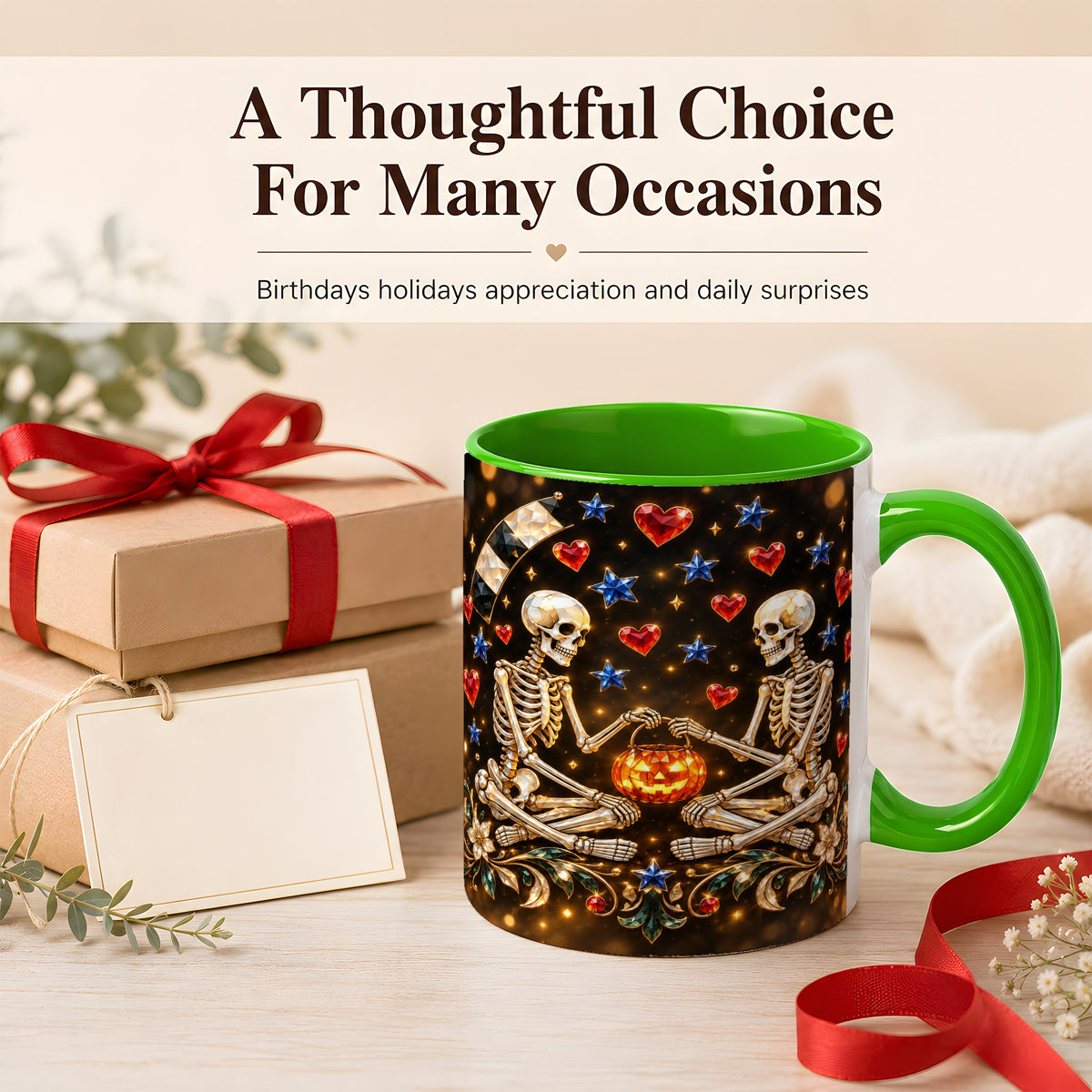 #pl[11oz|Green] Skeleton Couple Coffee Mug, Pumpkin Hearts Mug, Ceramic Cup