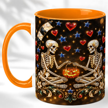 #pl[11oz|Orange] Skeleton Couple Coffee Mug, Pumpkin Hearts Mug, Ceramic Cup