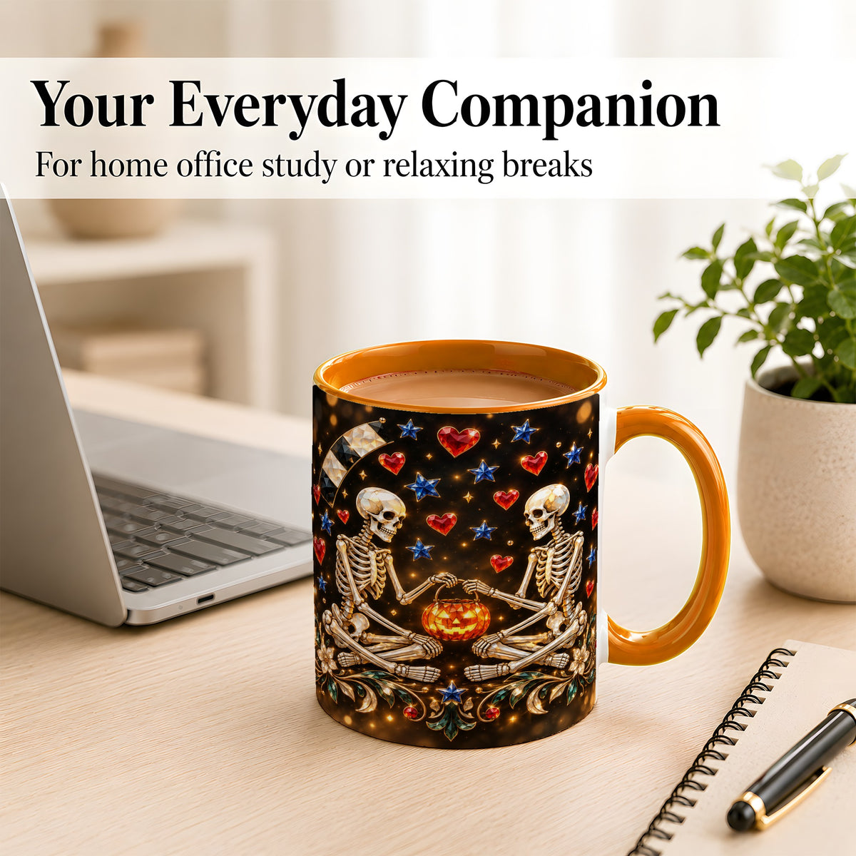 #pl[11oz|Orange] Skeleton Couple Coffee Mug, Pumpkin Hearts Mug, Ceramic Cup