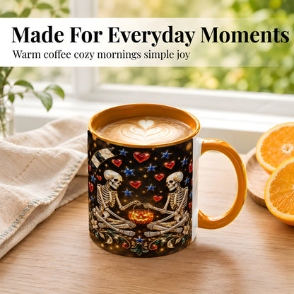#pl[11oz|Orange] Skeleton Couple Coffee Mug, Pumpkin Hearts Mug, Ceramic Cup