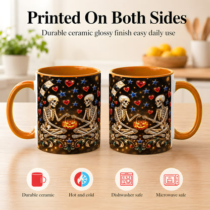 #pl[11oz|Orange] Skeleton Couple Coffee Mug, Pumpkin Hearts Mug, Ceramic Cup