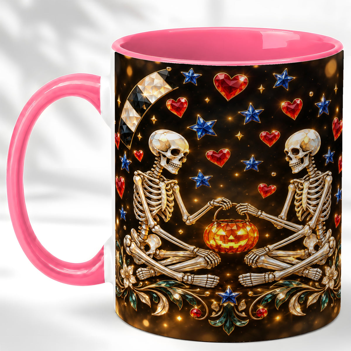 #pl[11oz|Pink] Skeleton Couple Coffee Mug, Pumpkin Hearts Mug, Ceramic Cup