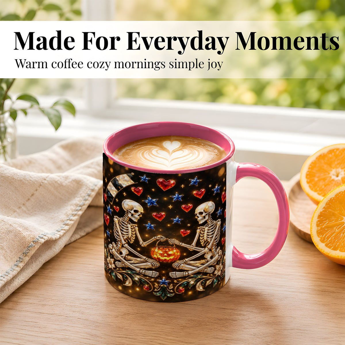 #pl[11oz|Pink] Skeleton Couple Coffee Mug, Pumpkin Hearts Mug, Ceramic Cup