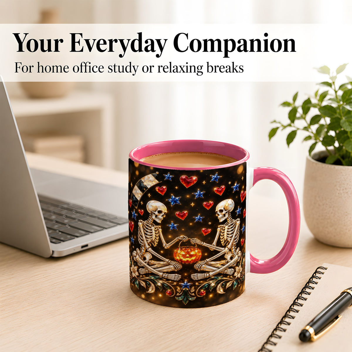#pl[11oz|Pink] Skeleton Couple Coffee Mug, Pumpkin Hearts Mug, Ceramic Cup