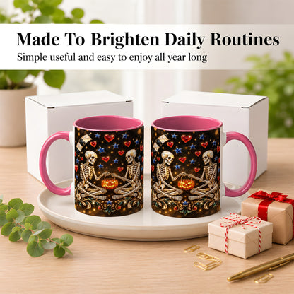 #pl[11oz|Pink] Skeleton Couple Coffee Mug, Pumpkin Hearts Mug, Ceramic Cup