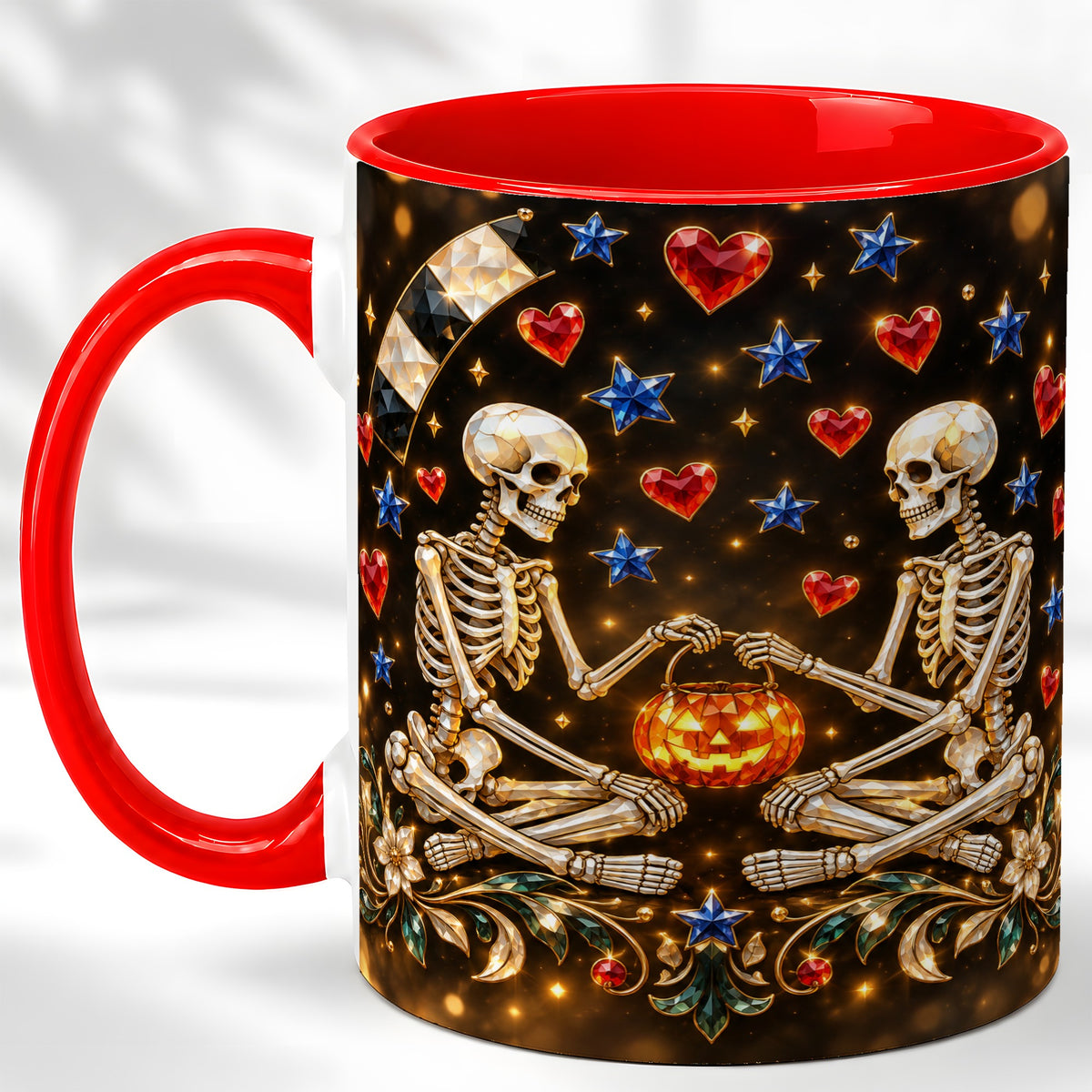 Skeleton Couple Coffee Mug, Pumpkin Hearts Mug, Ceramic Cup