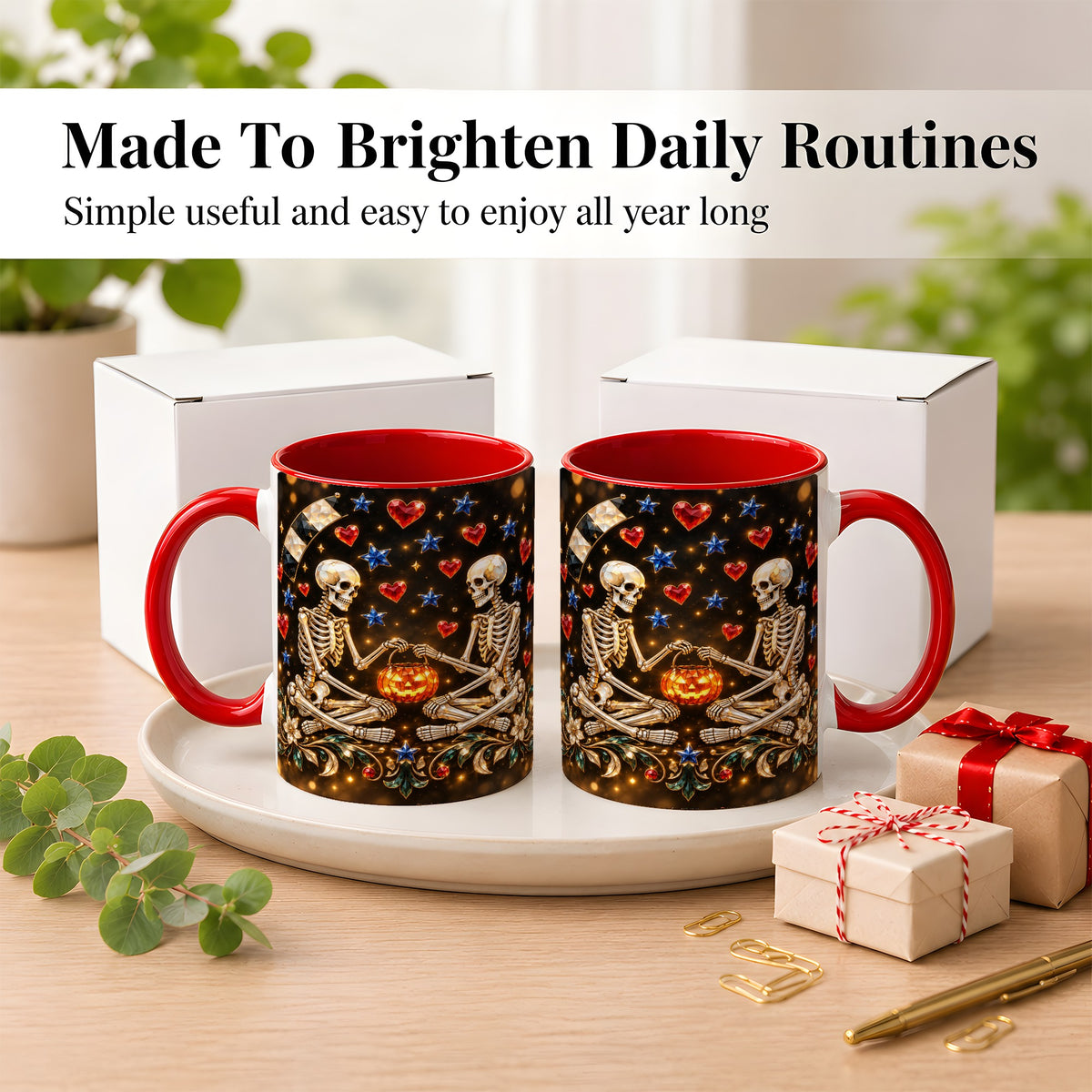 #pl[11oz|Red] Skeleton Couple Coffee Mug, Pumpkin Hearts Mug, Ceramic Cup