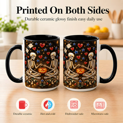 #pl[15oz|Black] Skeleton Couple Coffee Mug, Pumpkin Hearts Mug, Ceramic Cup