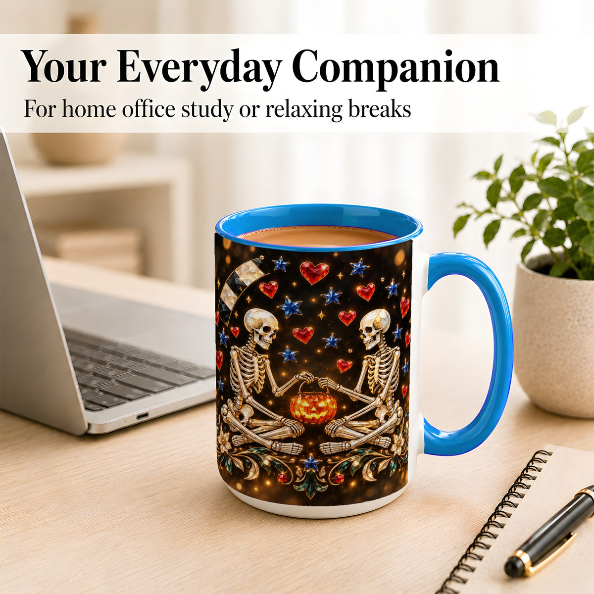 #pl[15oz|Blue] Skeleton Couple Coffee Mug, Pumpkin Hearts Mug, Ceramic Cup