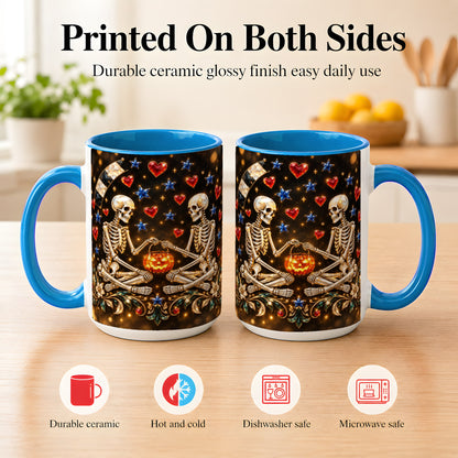 #pl[15oz|Blue] Skeleton Couple Coffee Mug, Pumpkin Hearts Mug, Ceramic Cup