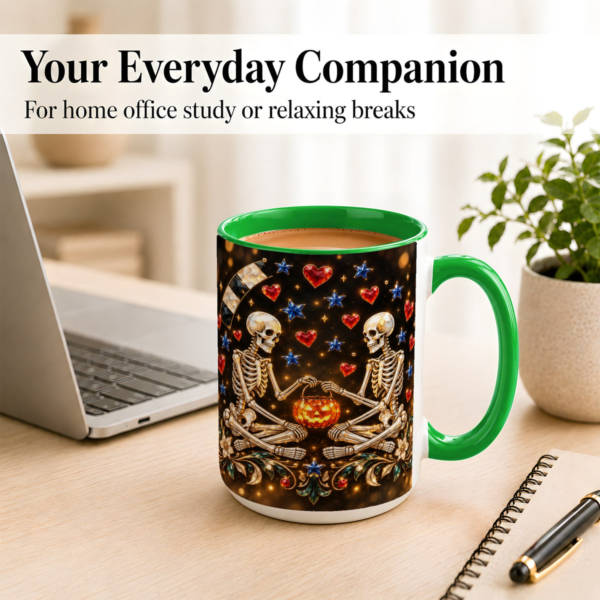 #pl[15oz|Green] Skeleton Couple Coffee Mug, Pumpkin Hearts Mug, Ceramic Cup