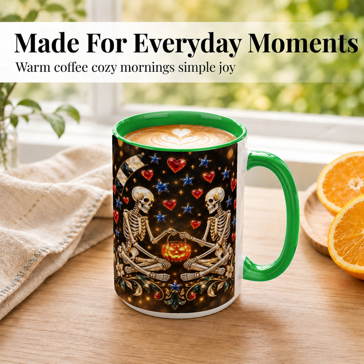 #pl[15oz|Green] Skeleton Couple Coffee Mug, Pumpkin Hearts Mug, Ceramic Cup