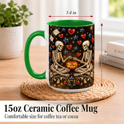 #pl[15oz|Green] Skeleton Couple Coffee Mug, Pumpkin Hearts Mug, Ceramic Cup