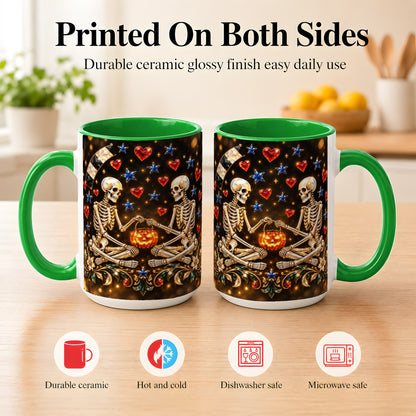 #pl[15oz|Green] Skeleton Couple Coffee Mug, Pumpkin Hearts Mug, Ceramic Cup
