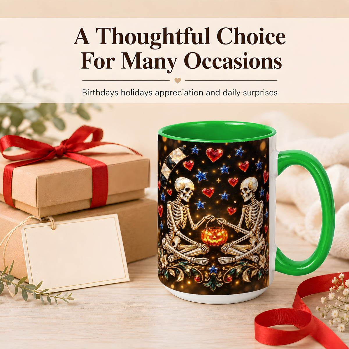 #pl[15oz|Green] Skeleton Couple Coffee Mug, Pumpkin Hearts Mug, Ceramic Cup