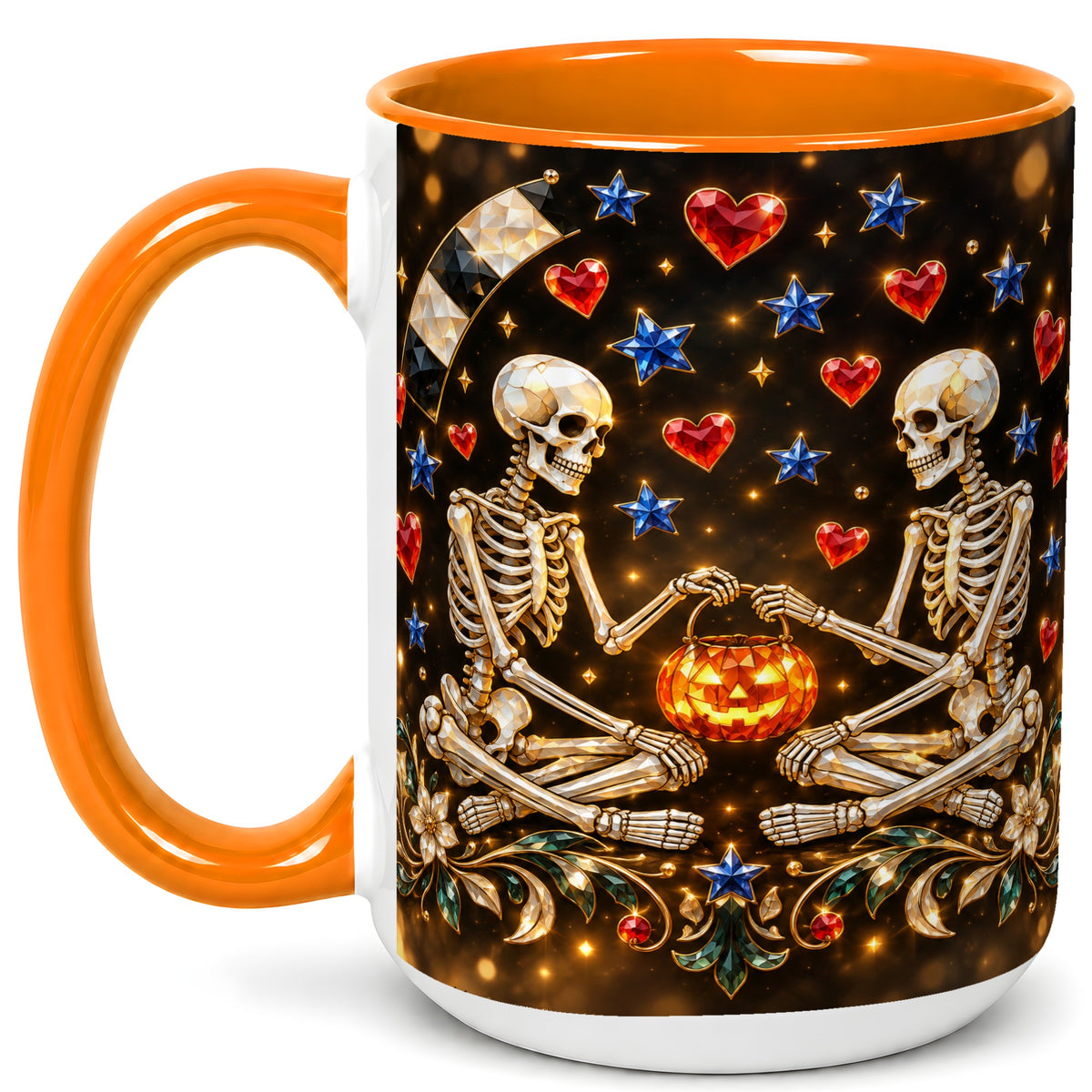 #pl[15oz|Orange] Skeleton Couple Coffee Mug, Pumpkin Hearts Mug, Ceramic Cup
