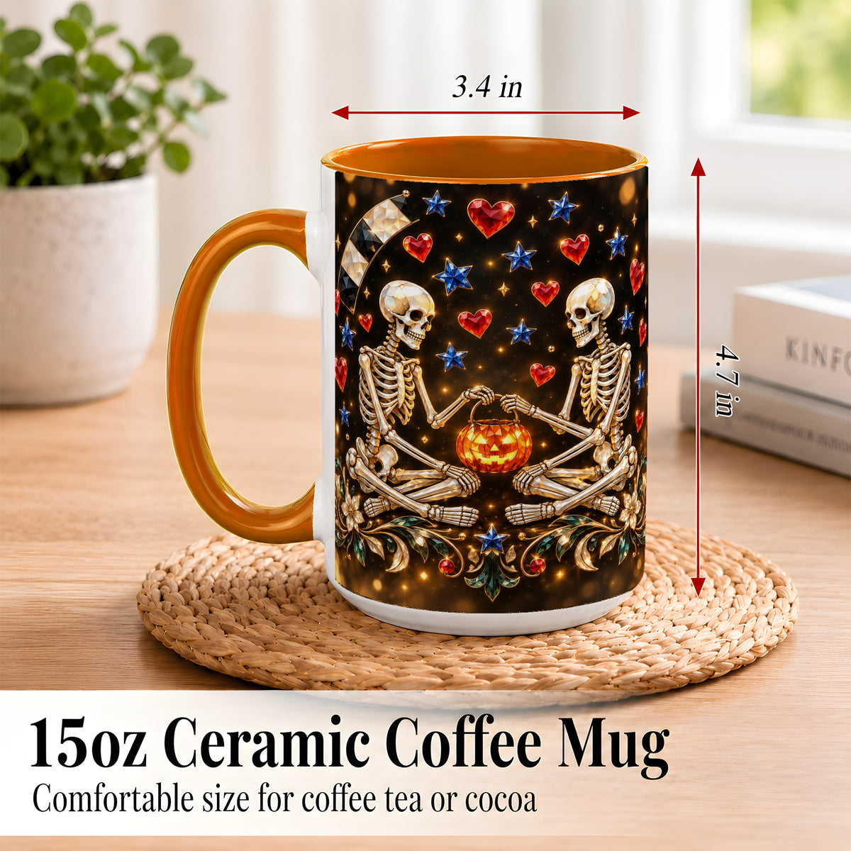 #pl[15oz|Orange] Skeleton Couple Coffee Mug, Pumpkin Hearts Mug, Ceramic Cup