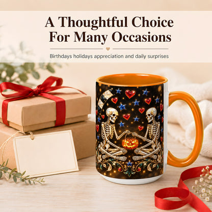 #pl[15oz|Orange] Skeleton Couple Coffee Mug, Pumpkin Hearts Mug, Ceramic Cup