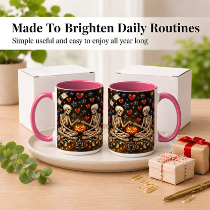 #pl[15oz|Pink] Skeleton Couple Coffee Mug, Pumpkin Hearts Mug, Ceramic Cup