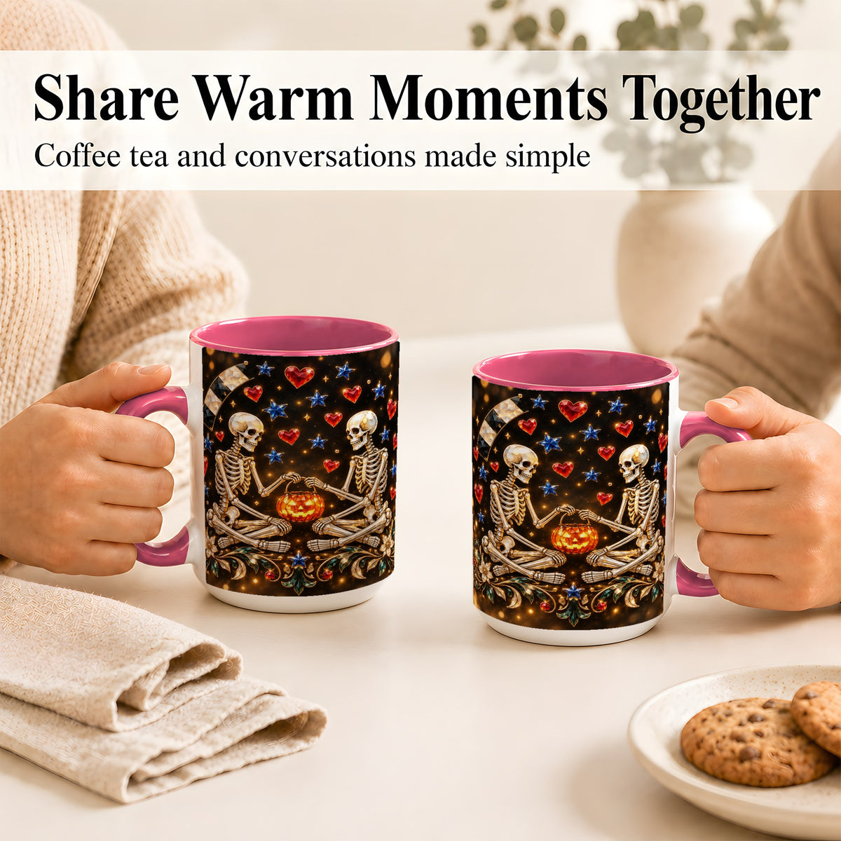 #pl[15oz|Pink] Skeleton Couple Coffee Mug, Pumpkin Hearts Mug, Ceramic Cup