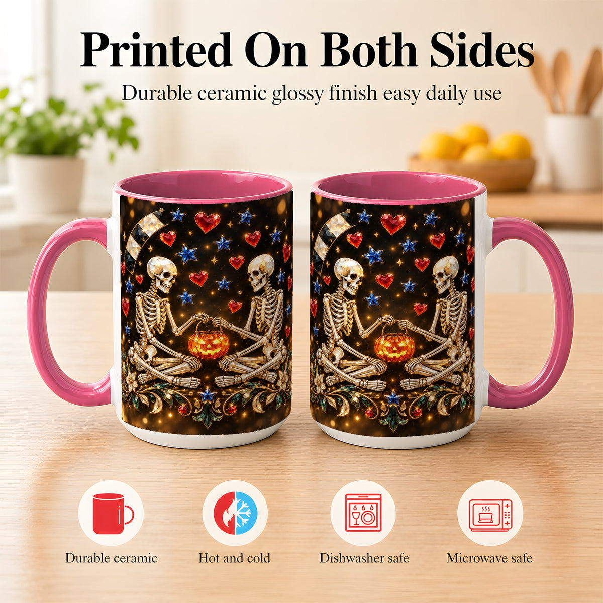 #pl[15oz|Pink] Skeleton Couple Coffee Mug, Pumpkin Hearts Mug, Ceramic Cup