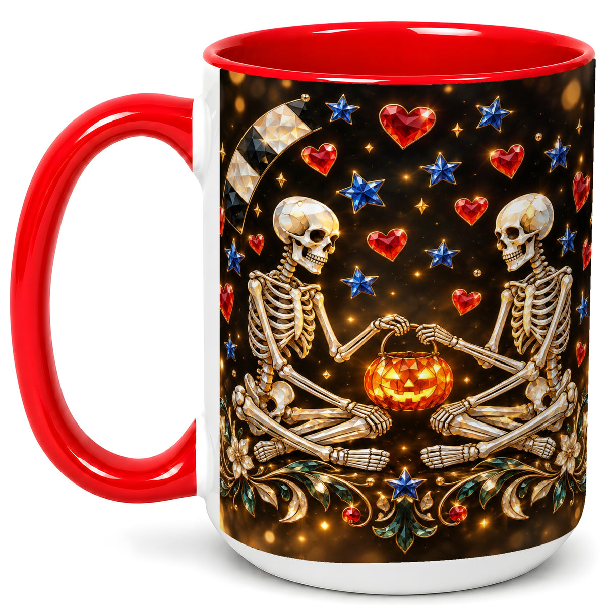 #pl[15oz|Red] Skeleton Couple Coffee Mug, Pumpkin Hearts Mug, Ceramic Cup