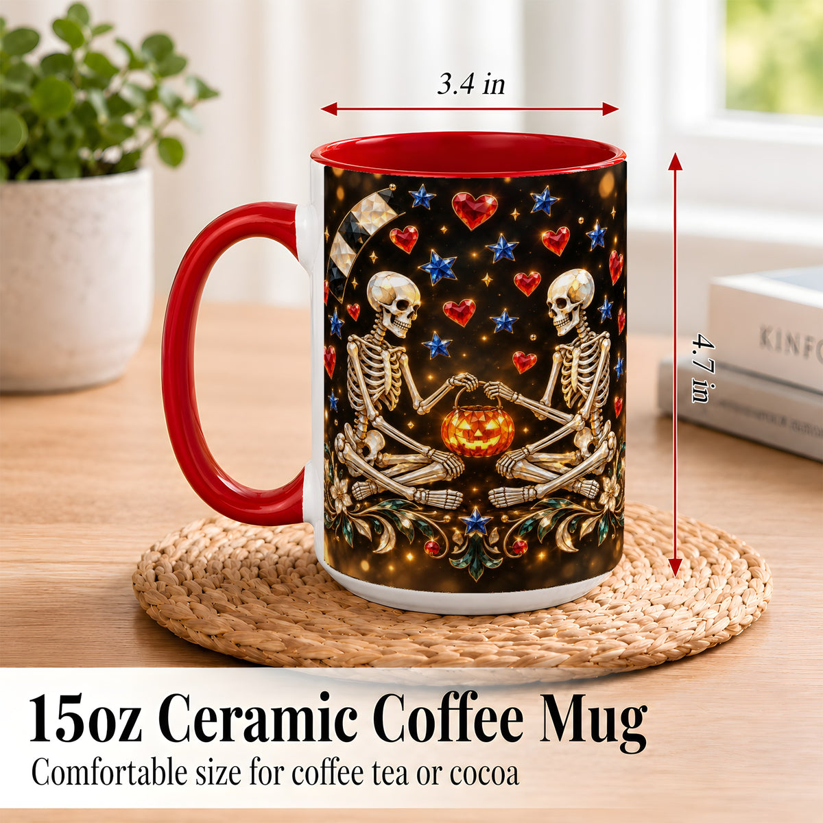 #pl[15oz|Red] Skeleton Couple Coffee Mug, Pumpkin Hearts Mug, Ceramic Cup