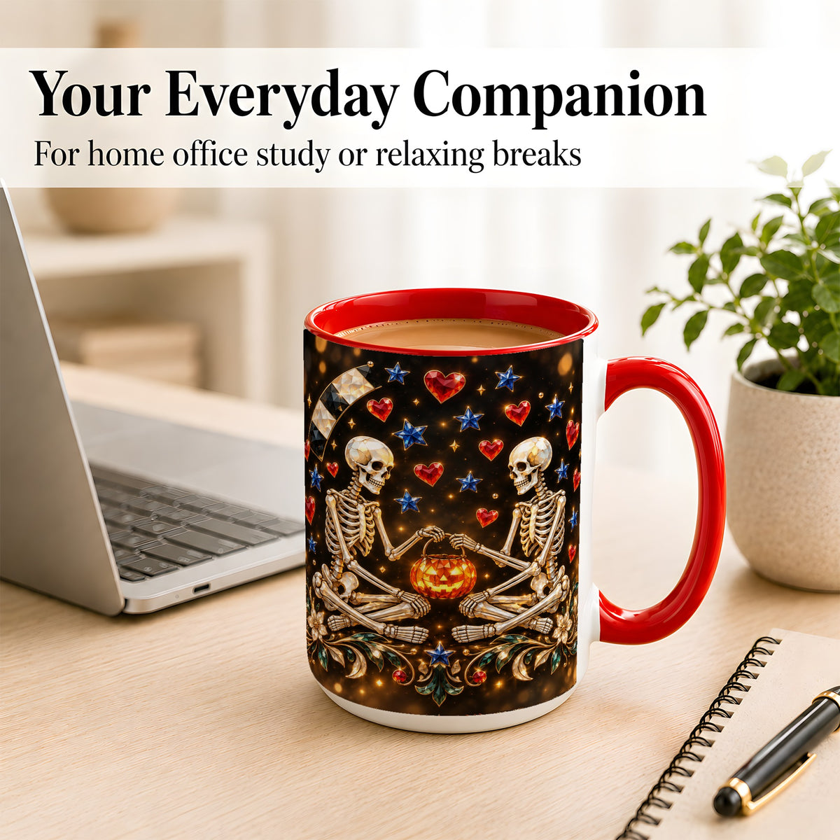#pl[15oz|Red] Skeleton Couple Coffee Mug, Pumpkin Hearts Mug, Ceramic Cup
