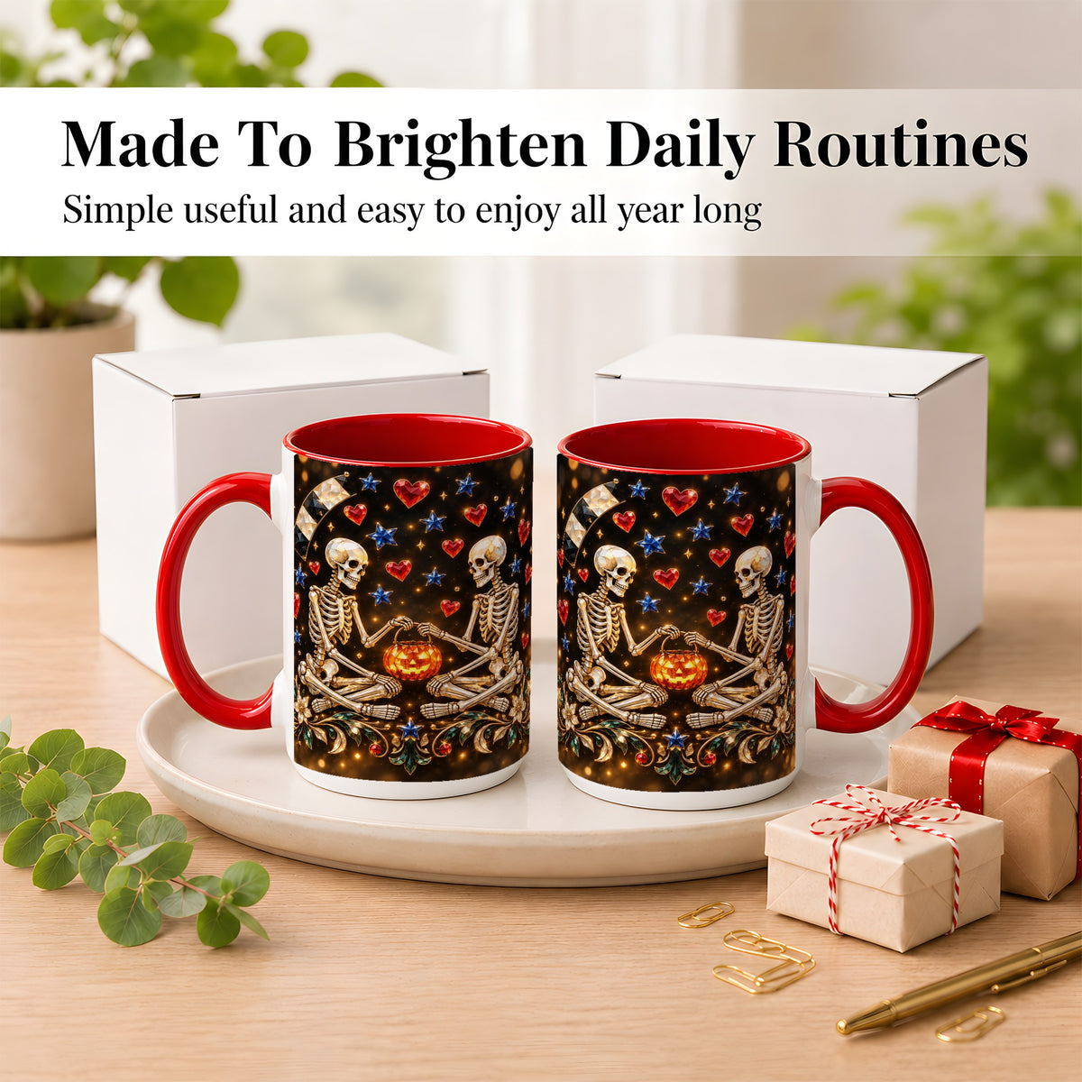 #pl[15oz|Red] Skeleton Couple Coffee Mug, Pumpkin Hearts Mug, Ceramic Cup