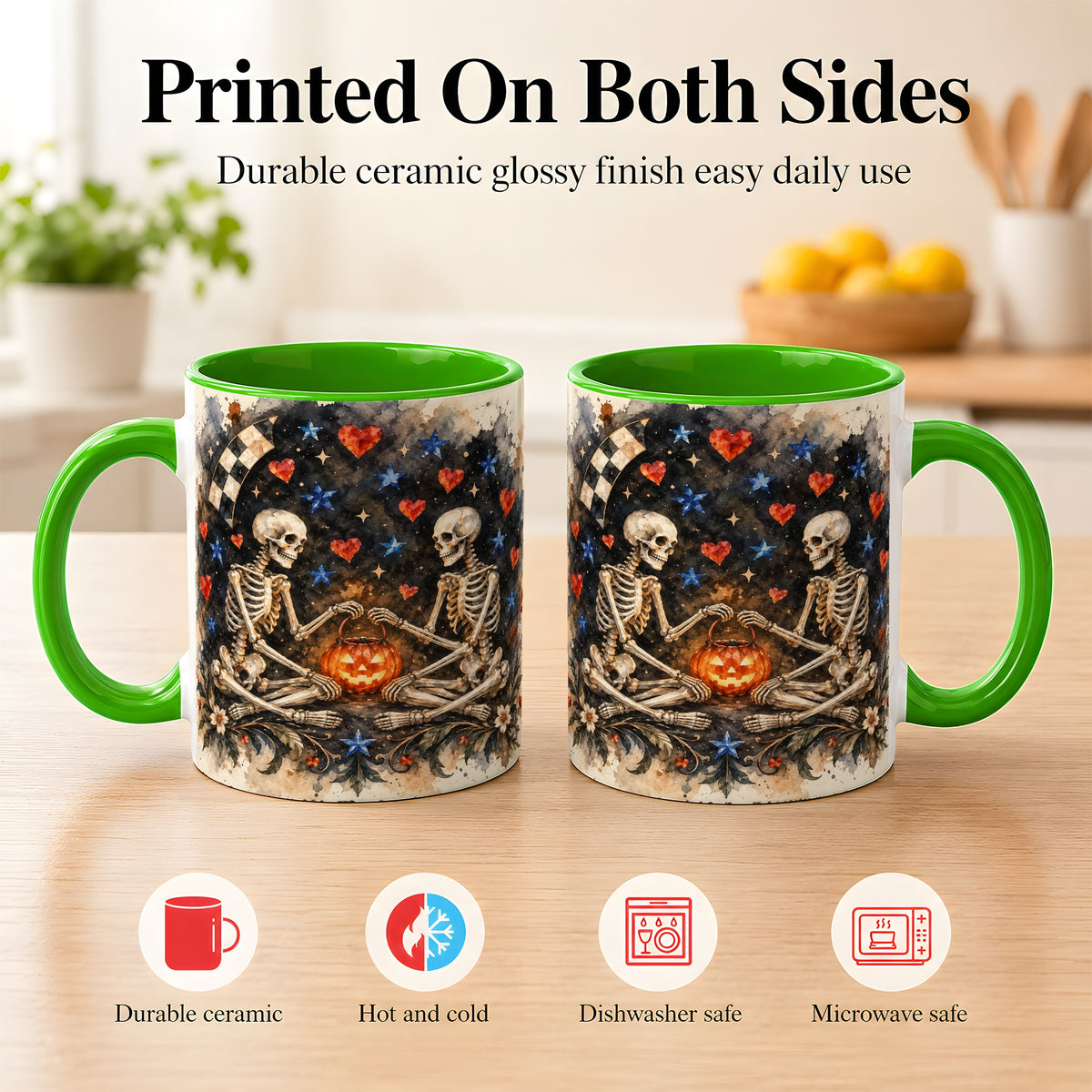 #pl[11oz|Green] Skeleton Halloween Coffee Mug, Spooky Couple Mug, Ceramic Cup