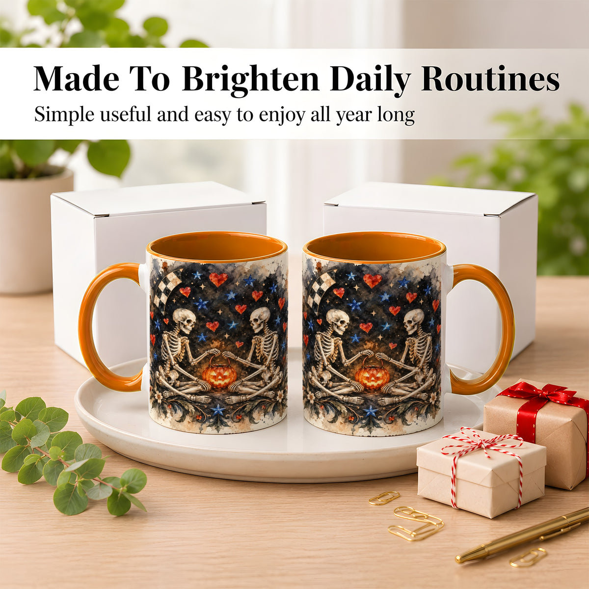 #pl[11oz|Orange] Skeleton Halloween Coffee Mug, Spooky Couple Mug, Ceramic Cup