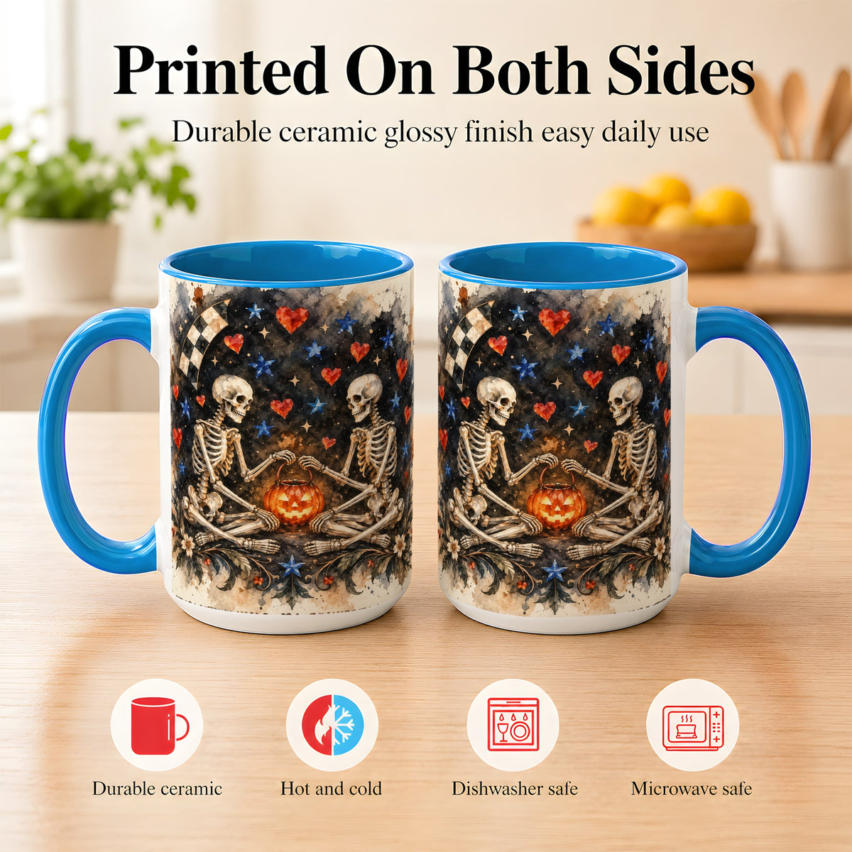 #pl[15oz|Blue] Skeleton Halloween Coffee Mug, Spooky Couple Mug, Ceramic Cup