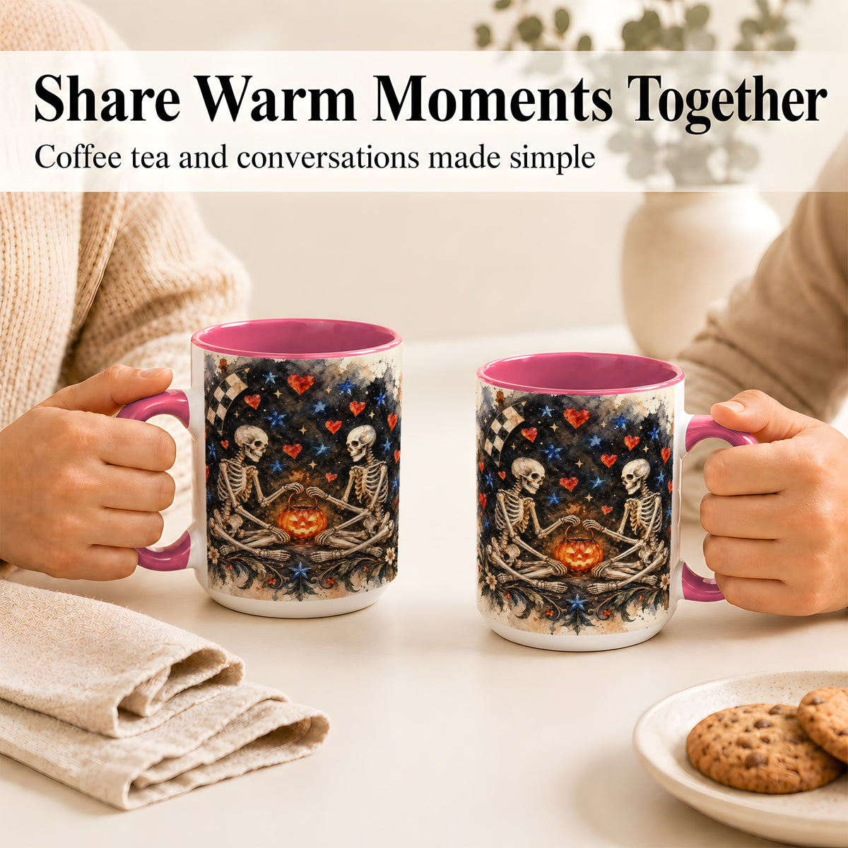 #pl[15oz|Pink] Skeleton Halloween Coffee Mug, Spooky Couple Mug, Ceramic Cup