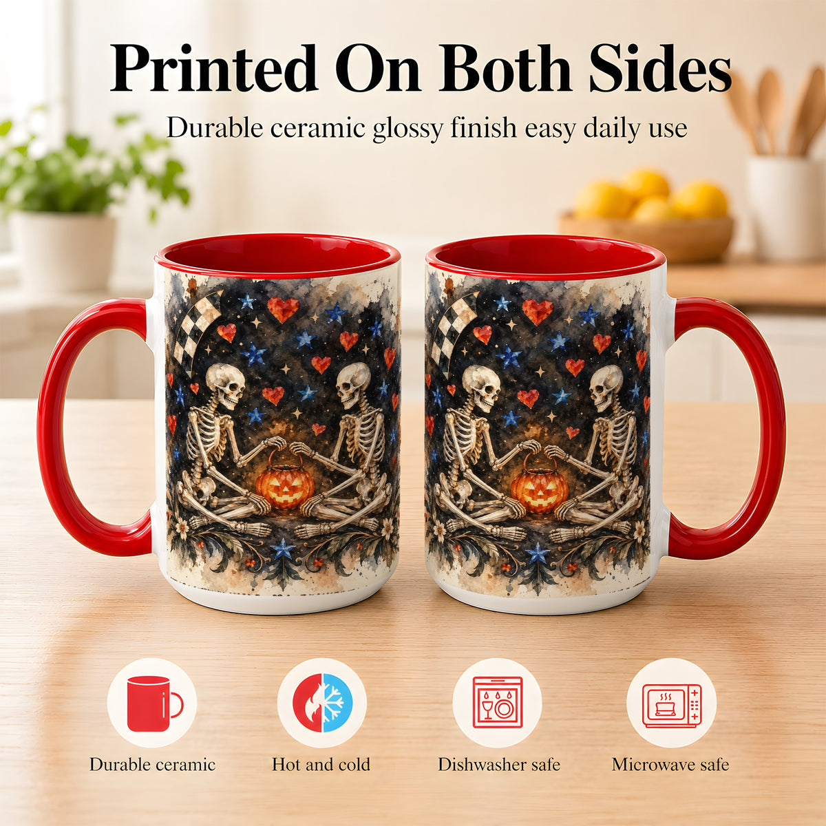 #pl[15oz|Red] Skeleton Halloween Coffee Mug, Spooky Couple Mug, Ceramic Cup