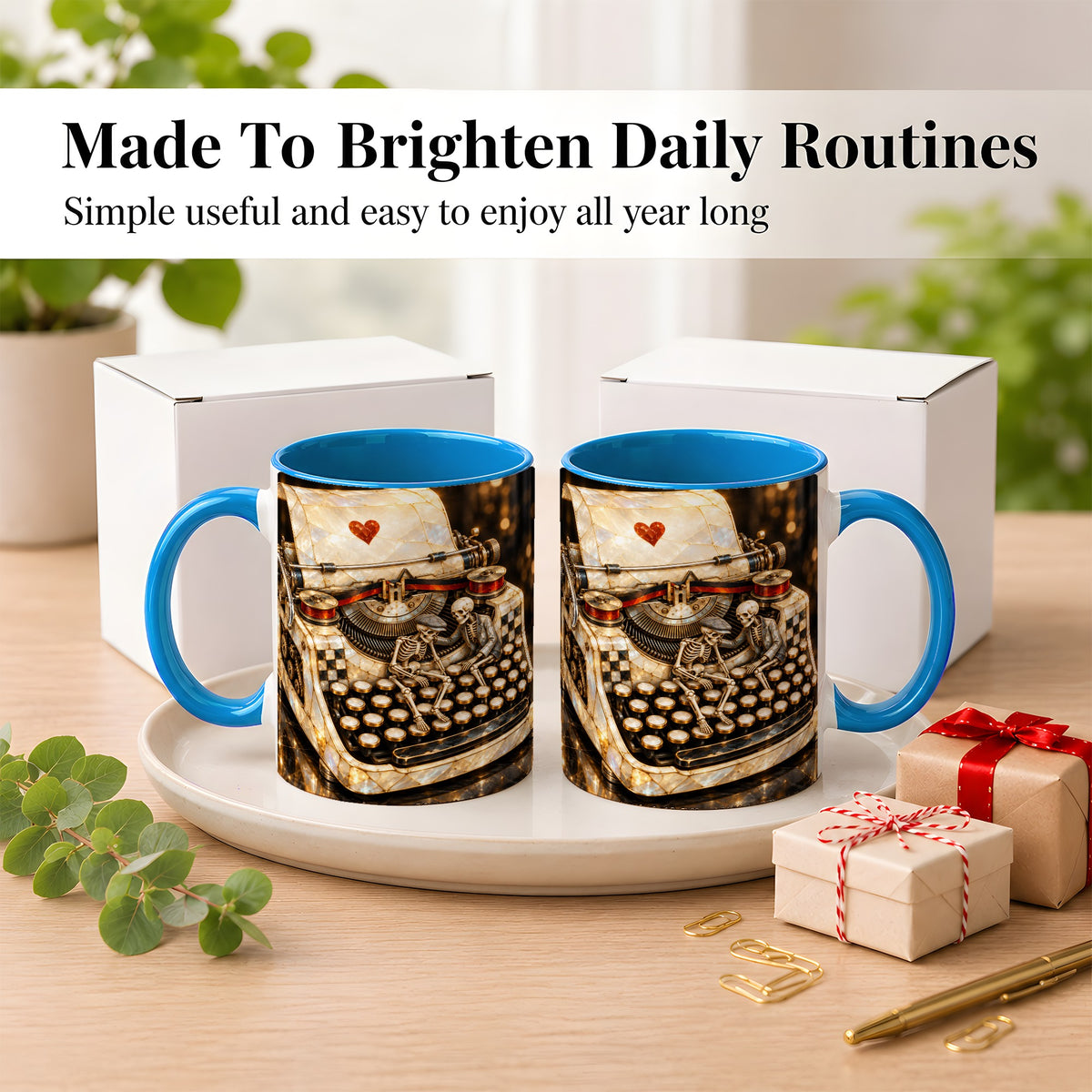 #pl[11oz|Blue] Pearlescent Typewriter Coffee Mug, Skeleton Couple Mug, Ceramic Cup