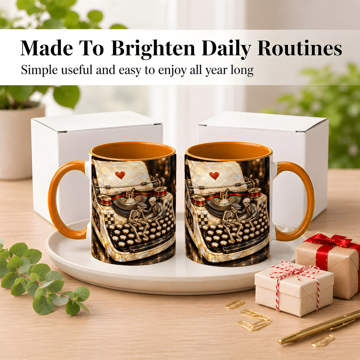 #pl[11oz|Orange] Pearlescent Typewriter Coffee Mug, Skeleton Couple Mug, Ceramic Cup