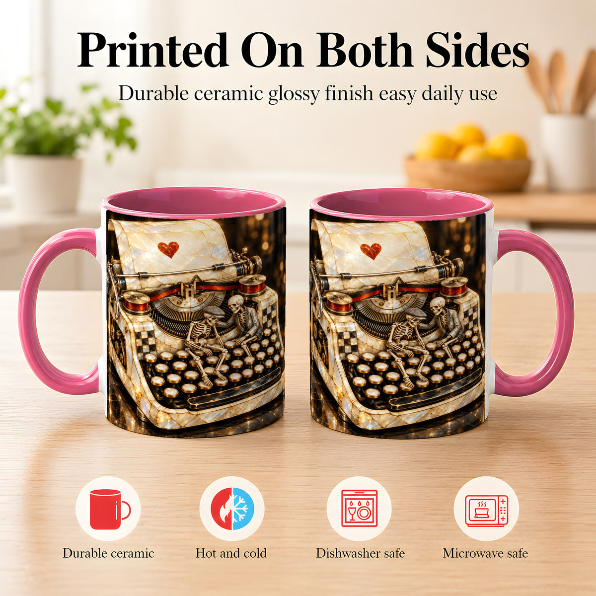 #pl[11oz|Pink] Pearlescent Typewriter Coffee Mug, Skeleton Couple Mug, Ceramic Cup