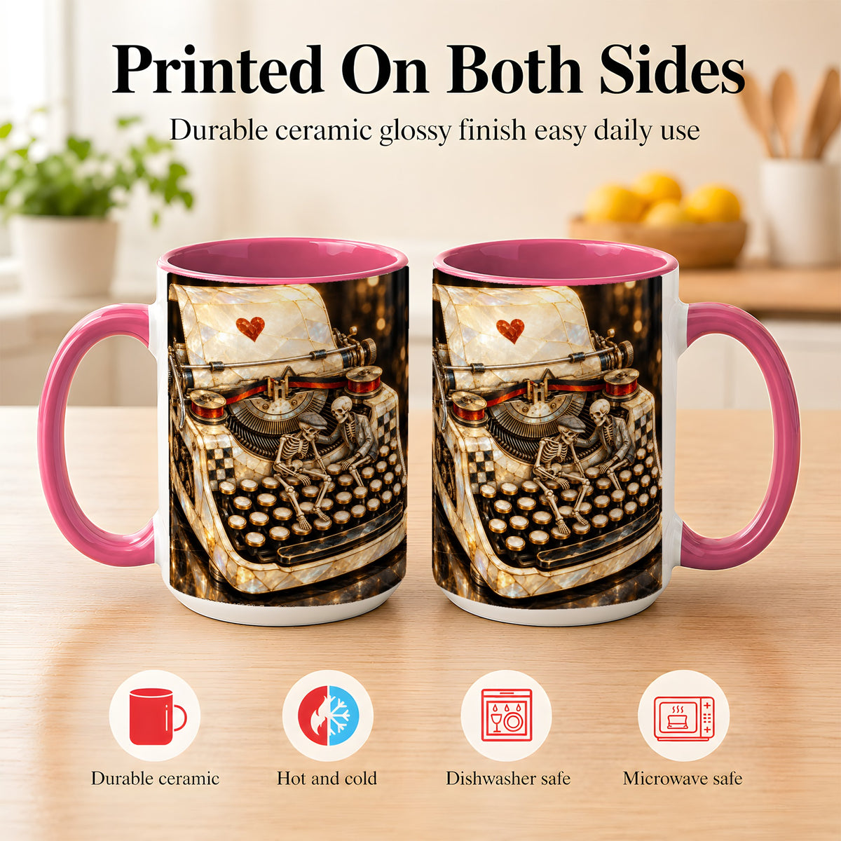 #pl[15oz|Pink] Pearlescent Typewriter Coffee Mug, Skeleton Couple Mug, Ceramic Cup