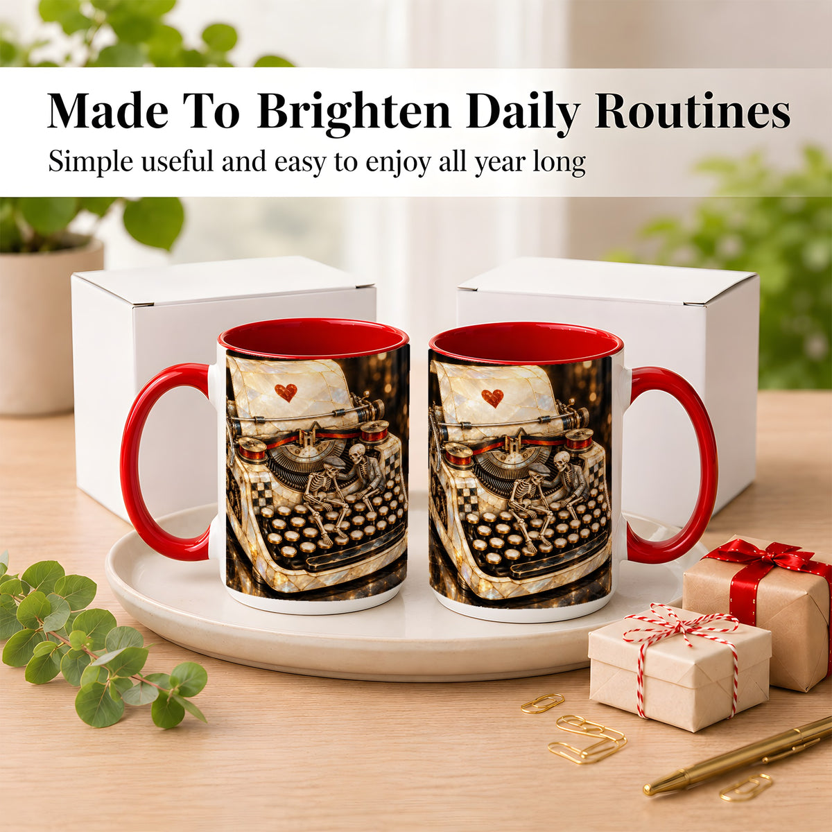 #pl[15oz|Red] Pearlescent Typewriter Coffee Mug, Skeleton Couple Mug, Ceramic Cup